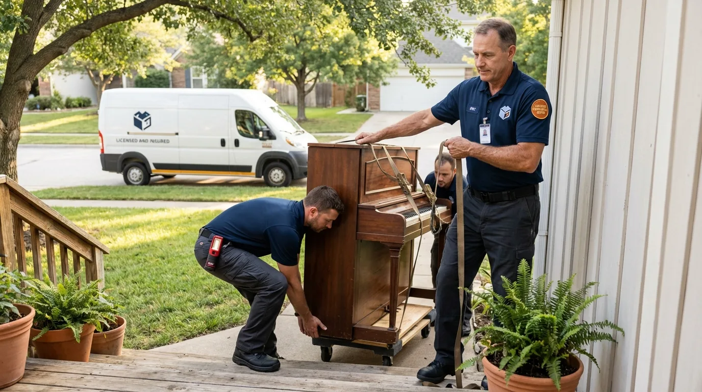 Licensed piano movers securing grand piano in Mooresville, IN