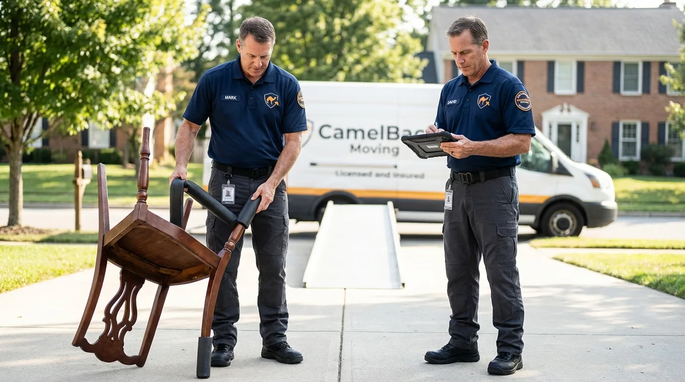 Movers inspecting furniture for damage prevention before loading in Mooresville, IN