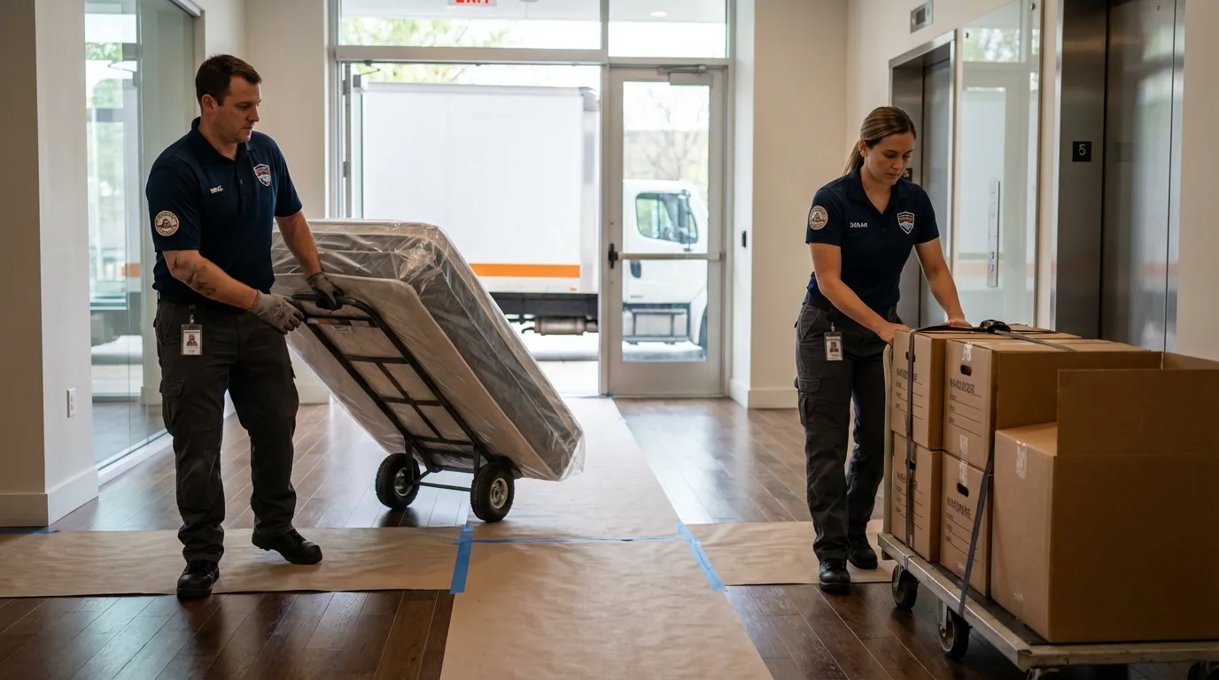 Professional apartment movers loading elevator in Mooresville, IN