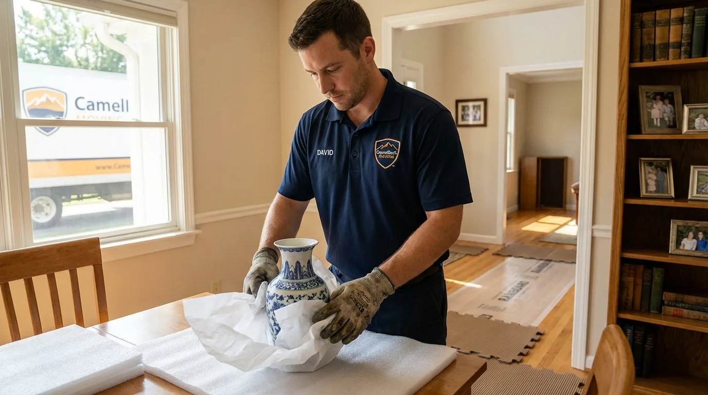 Professional crew carefully wrapping antique vase for senior downsizing move in Mooresville, IN